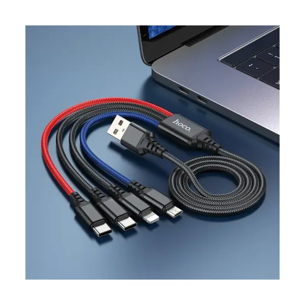 КАБЕЛЬ HOCO X76 4IN1 SUPER CHARGING CABLE (TYPE-C+TYPE-C+IP+MICRO) 2A, 1M, ЧОРНИЙ, ЧЕРВОНИЙ, СИНІЙ