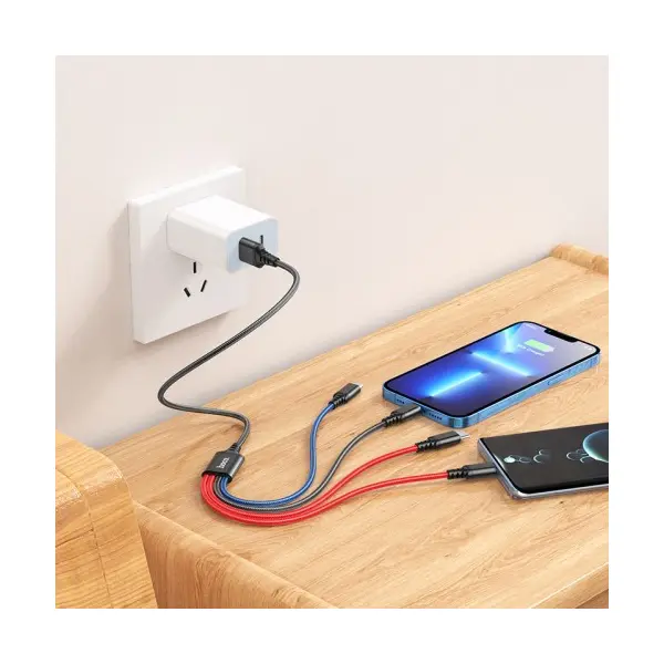 КАБЕЛЬ HOCO X76 4IN1 SUPER CHARGING CABLE (TYPE-C+TYPE-C+IP+MICRO) 2A, 1M, ЧОРНИЙ, ЧЕРВОНИЙ, СИНІЙ
