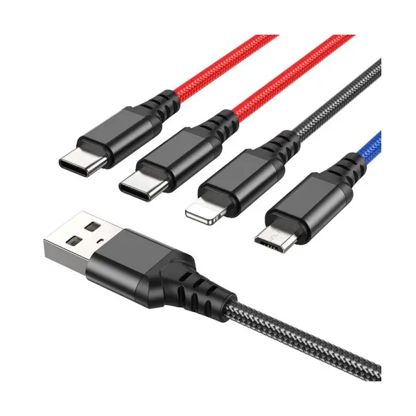 КАБЕЛЬ HOCO X76 4IN1 SUPER CHARGING CABLE (TYPE-C+TYPE-C+IP+MICRO) 2A, 1M, ЧОРНИЙ, ЧЕРВОНИЙ, СИНІЙ