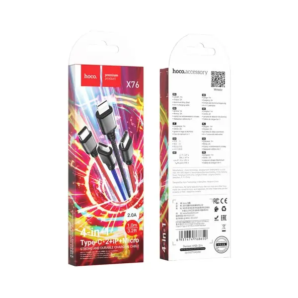КАБЕЛЬ HOCO X76 4IN1 SUPER CHARGING CABLE (TYPE-C+TYPE-C+IP+MICRO) 2A, 1M, ЧОРНИЙ, ЧЕРВОНИЙ, СИНІЙ