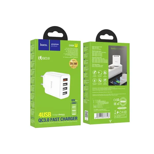 МЕРЕЖЕВИЙ ЗАРЯДНИЙ ПРИСТРІЙ HOCO C102A FUERZA 4USB, 3,4A, 28,5W, QC3.0, БІЛИЙ