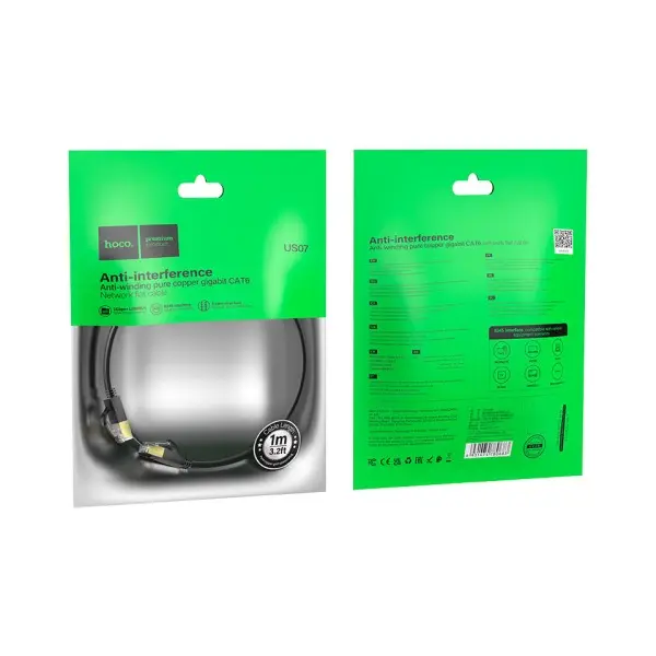 КАБЕЛЬ ІНТЕРНЕТУ LAN HOCO US07 GENERAL PURE COPPER FLAT NETWORK CABLE 6GBIT, 1M, ЧОРНИЙ
