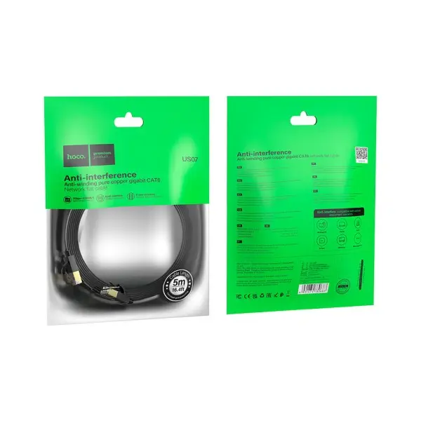 КАБЕЛЬ ІНТЕРНЕТУ LAN HOCO US07 GENERAL PURE COPPER FLAT NETWORK CABLE 6GBIT, 5M, ЧОРНИЙ