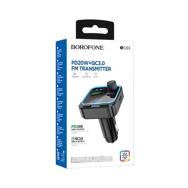 АВТОМОБІЛЬНИЙ ЗАРЯДНИЙ ПРИСТРІЙ МОДУЛЯТОР BOROFONE BC53 HIGHWAY PD20W, QC3.0, ЧОРНИЙ