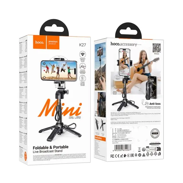 СЕЛФІ-ПАЛИЦЯ ТРИПОД HOCO K27 MAGIC PORTABLE MINI LIVE BROADCAST STAND, ЧОРНИЙ