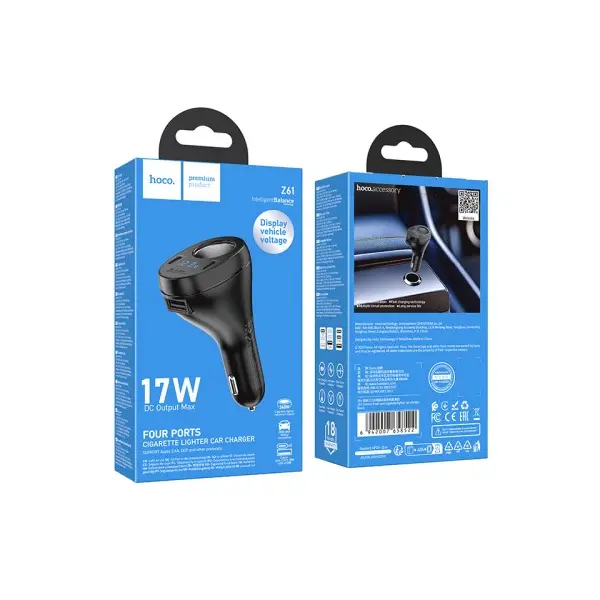 MR4_144376 Автомобільний зарядний пристрій hoco z61 correct three-port cigarette lighter car charger, чорний HOCO