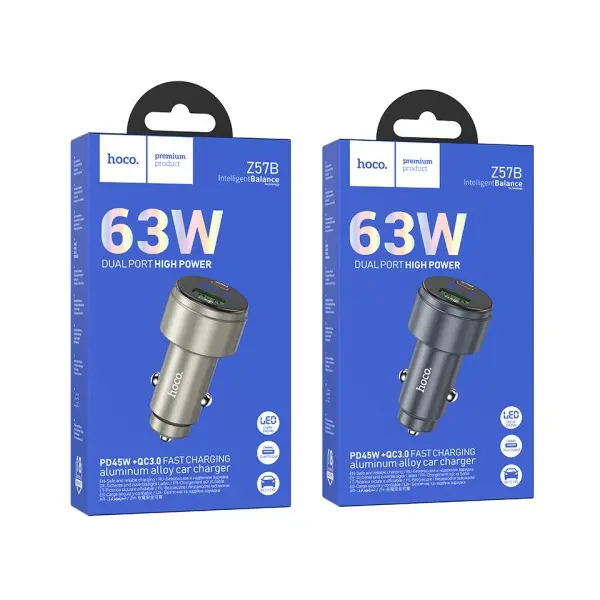 АВТОМОБІЛЬНИЙ ЗАРЯДНИЙ ПРИСТРІЙ HOCO Z57B GLORIOUS 63W DUAL-PORT DIGITAL DISPLAY PD45W+QC3.0 CAR CHARGER, ЧОРНИЙ