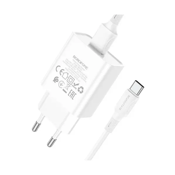 MR4_144223 Мережевий зарядний пристрій borofone ba74a aspirer 1usb, 2.1а cable type-c, білий 