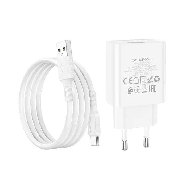 МЕРЕЖЕВИЙ ЗАРЯДНИЙ ПРИСТРІЙ BOROFONE BA74A ASPIRER 1USB, 2.1А CABLE TYPE-C, БІЛИЙ