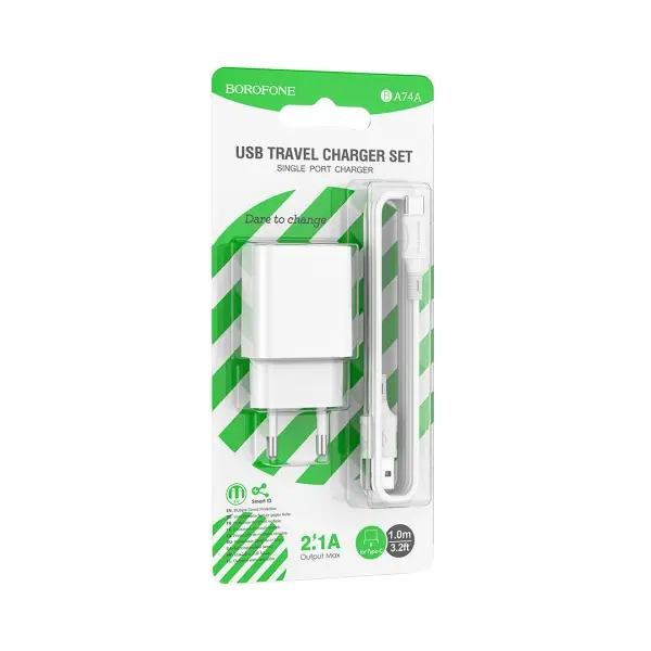 MR4_144223 Мережевий зарядний пристрій borofone ba74a aspirer 1usb, 2.1а cable type-c, білий 