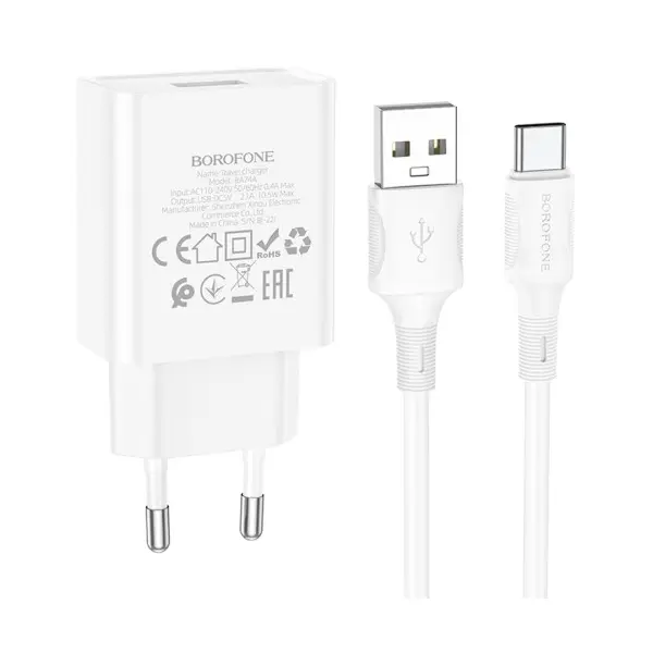 MR4_144223 Мережевий зарядний пристрій borofone ba74a aspirer 1usb, 2.1а cable type-c, білий 