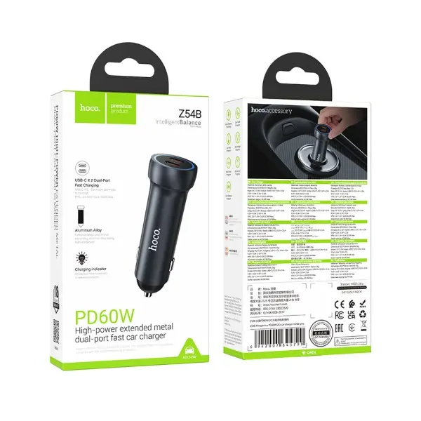 АВТОМОБІЛЬНИЙ ЗАРЯДНИЙ ПРИСТРІЙ HOCO Z54B PROSPEROUS PD60W (2C) CAR CHARGER METAL, СІРИЙ