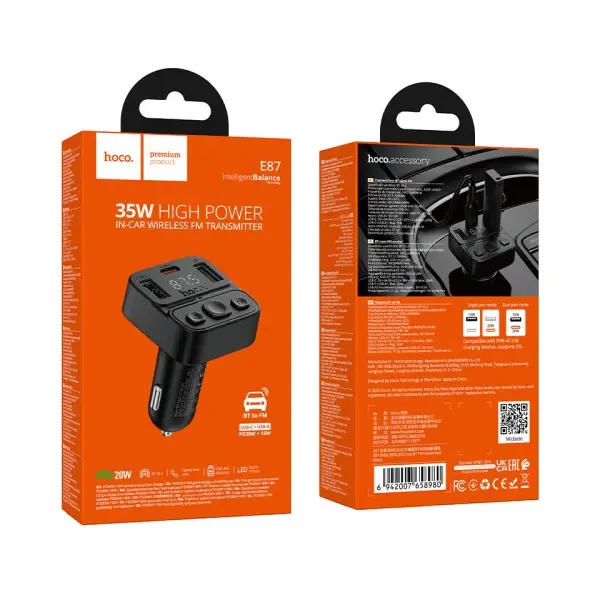 АВТОМОБІЛЬНИЙ ЗАРЯДНИЙ ПРИСТРІЙ + FM МОДУЛЯТОР HOCO E87 DELTA, 35W, 2XUSB-A, 1XTYPE-C, ЧОРНИЙ