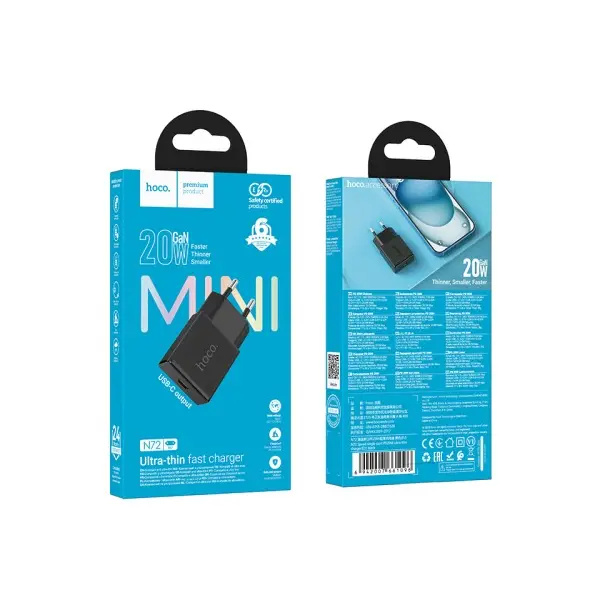МЕРЕЖЕВИЙ ЗАРЯДНИЙ ПРИСТРІЙ HOCO N72 SPEED SINGLE-PORT PD20W ULTRA-THIN CHARGER (EU, ЧОРНИЙ