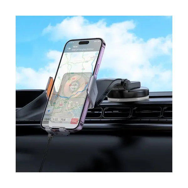 БЕЗДРОТОВИЙ АВТОМОБІЛЬНИЙ ЗАРЯДНИЙ ПРИСТРІЙ HOCO HW8 TRANSPARENT DISCOVERY EDITION WIRELESS FAST CHARGING (CENTER CONSOLE), СІРИЙ