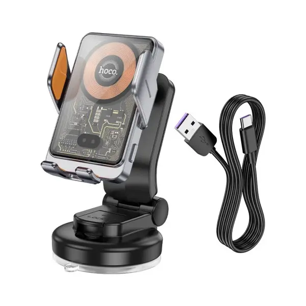 БЕЗДРОТОВИЙ АВТОМОБІЛЬНИЙ ЗАРЯДНИЙ ПРИСТРІЙ HOCO HW8 TRANSPARENT DISCOVERY EDITION WIRELESS FAST CHARGING (CENTER CONSOLE), СІРИЙ