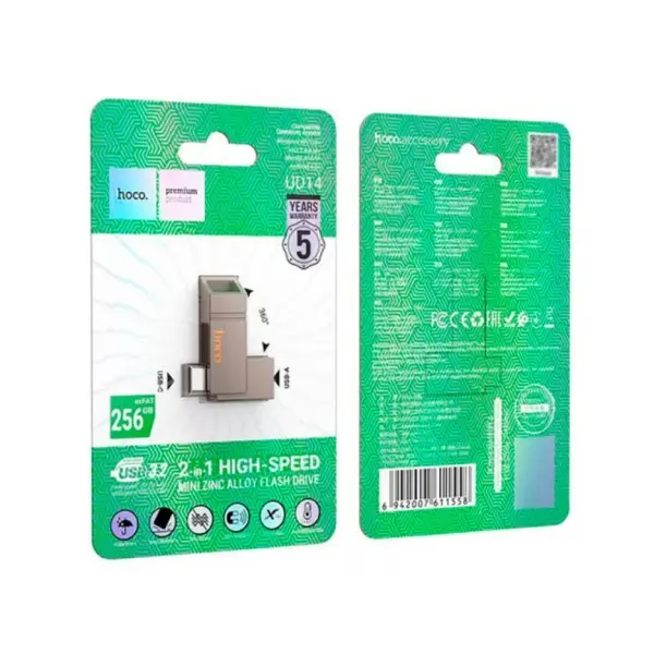 ФЛЕШ-НАКОПИЧУВАЧ USB-A, C HOCO UD14 CLEVER USB3.2 TYPE-C MINI FLASH DRIVE 256GB METAL, СІРИЙ