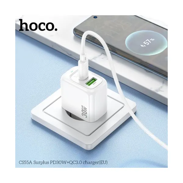 МЕРЕЖЕВИЙ ЗАРЯДНИЙ ПРИСТРІЙ HOCO CS55A SURPLUS PD30W, QC3.0, CHARGER, БІЛИЙ