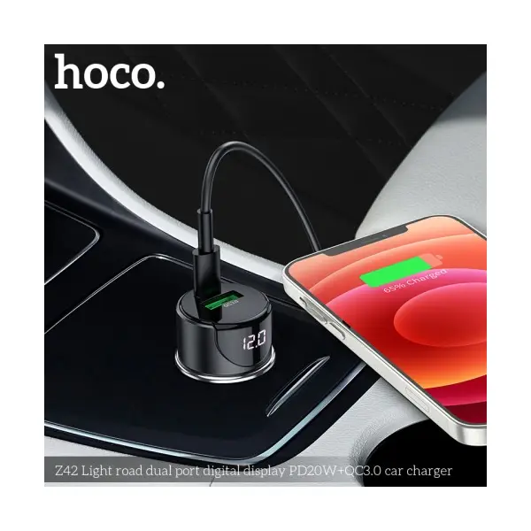 АВТОМОБІЛЬНИЙ ЗАРЯДНИЙ ПРИСТРІЙ HOCO Z42 LIGHT ROAD DIGITAL DISPLAY PD20W, QC3.0 USB-A, TYPE-C, 3A, ЧОРНИЙ