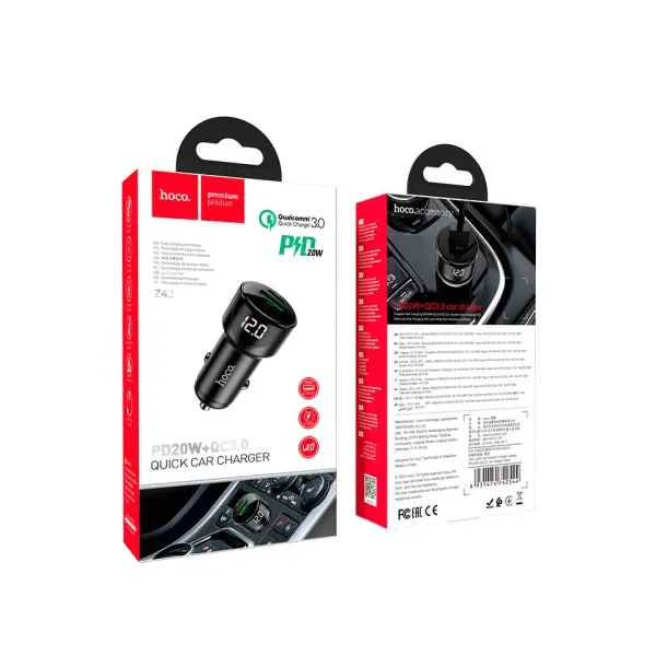 АВТОМОБІЛЬНИЙ ЗАРЯДНИЙ ПРИСТРІЙ HOCO Z42 LIGHT ROAD DIGITAL DISPLAY PD20W, QC3.0 USB-A, TYPE-C, 3A, ЧОРНИЙ