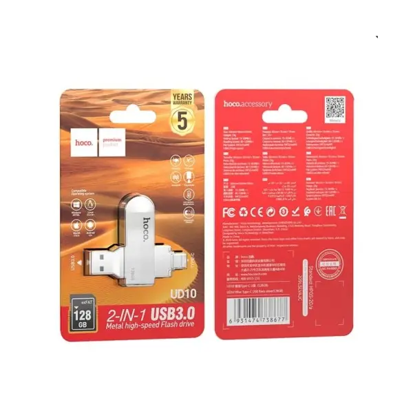 MR4_144439 Флеш-накопичувач usb-a, c hoco ud10 wise type-c usb flash drive 128gb, сірий 