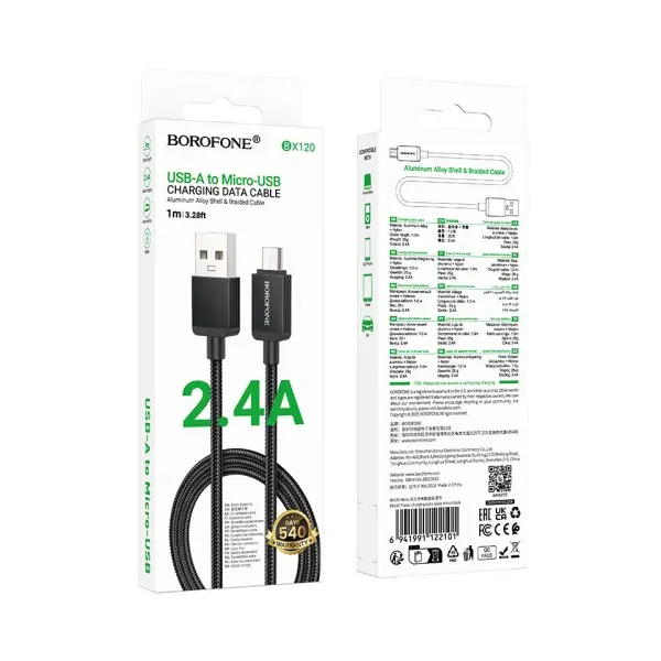 MR4_145020 Кабель borofone bx120 placer charging data cable micro 2.4a, 1m, чорний 