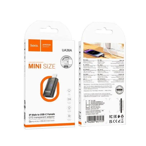 ПЕРЕХІДНИК HOCO UA36A IP MALE TO C FEMALE OTG TRANSPARENT ADAPTER, ЧОРНИЙ