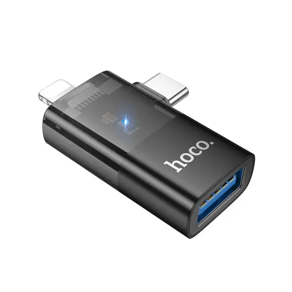ПЕРЕХІДНИК HOCO UA36E IP MALE, C MALE TO USB FEMALE OTG 2IN1 TRANSPARENT ADAPTER, ЧОРНИЙ