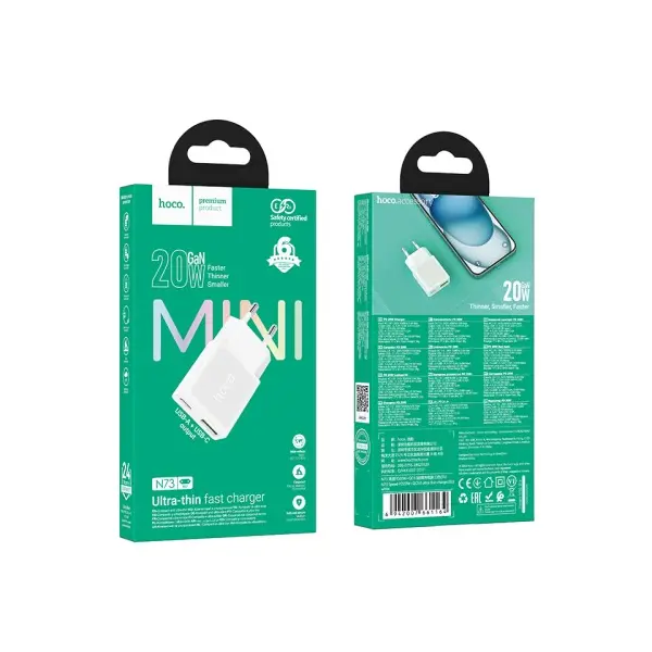 MR4_145310 Мережевий зарядний пристрій hoco n73 speed pd20w, qc3.0 ultra-thin charger (eu), білий HOCO