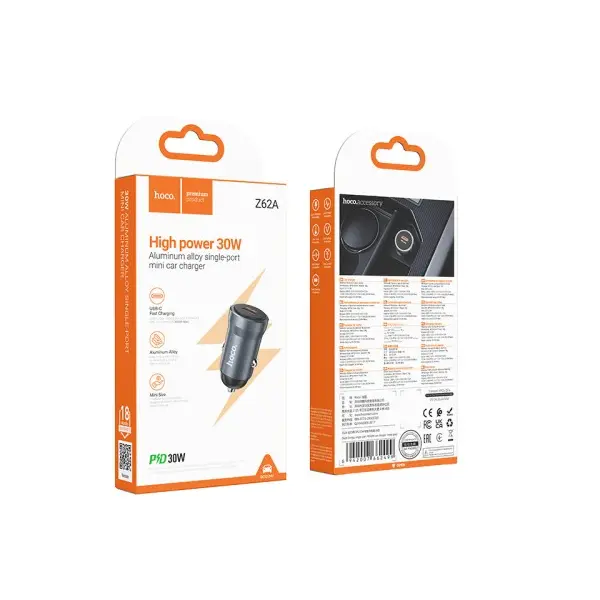 MR4_145059 Автомобільний зарядний пристрій hoco z62a energy single port pd30w car charger metal, сірий HOCO