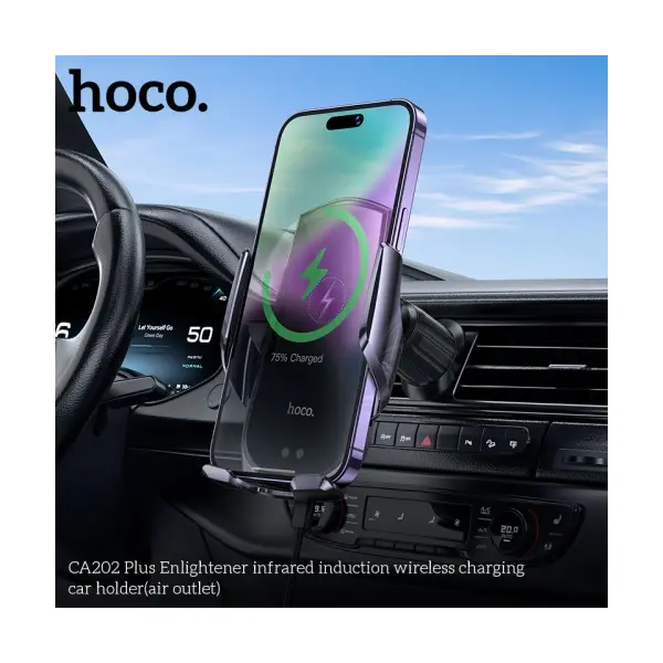 MR4_145272 Автомобільний зарядний пристрій бездротовий hoco ca202 plus enlightener infrared induction wireless charge car holder metal, сірий HOCO