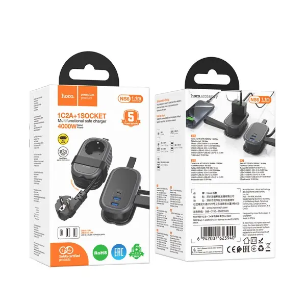 МЕРЕЖЕВИЙ ПОДОВЖУВАЧ HOCO NS6 SHARP 1 POSITION (1C2A) DESKTOP SOCKET (EU, GER), ЧОРНИЙ
