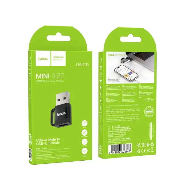 MR4_145276 Перехідник hoco ua31d usb male to type-c female usb2.0 adapter, чорний 