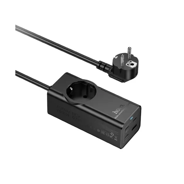 МЕРЕЖЕВИЙ ПОДОВЖУВАЧ HOCO NS9 WISDOM 1-POSITION (PD67W, 3C1A) DESKTOP SOCKET (EU, GER), ЧОРНИЙ