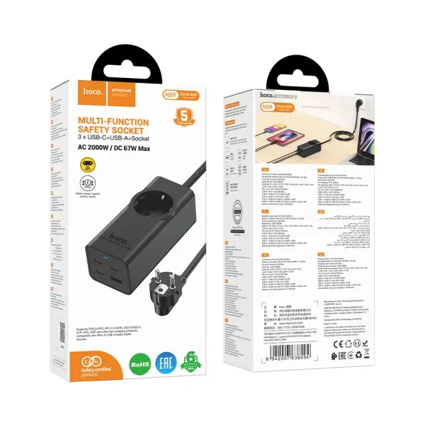 МЕРЕЖЕВИЙ ПОДОВЖУВАЧ HOCO NS9 WISDOM 1-POSITION (PD67W, 3C1A) DESKTOP SOCKET (EU, GER), ЧОРНИЙ