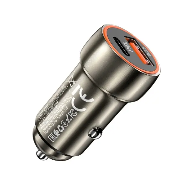 АВТОМОБІЛЬНИЙ ЗАРЯДНИЙ ПРИСТРІЙ HOCO Z46A СИНІЙ WHALE 1PDOUT, 1USB, QC, PD20W, 3A METAL, СІРИЙ