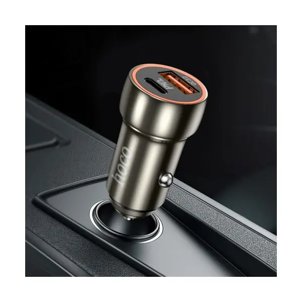АВТОМОБІЛЬНИЙ ЗАРЯДНИЙ ПРИСТРІЙ HOCO Z46A СИНІЙ WHALE 1PDOUT, 1USB, QC, PD20W, 3A METAL, СІРИЙ