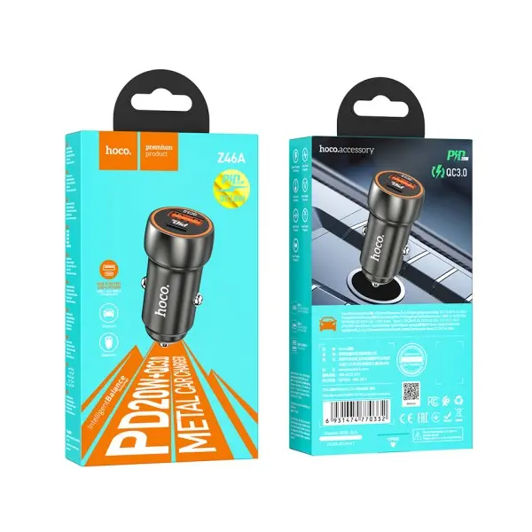АВТОМОБІЛЬНИЙ ЗАРЯДНИЙ ПРИСТРІЙ HOCO Z46A СИНІЙ WHALE 1PDOUT, 1USB, QC, PD20W, 3A METAL, СІРИЙ