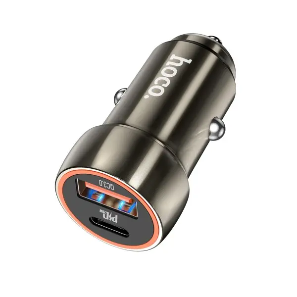 АВТОМОБІЛЬНИЙ ЗАРЯДНИЙ ПРИСТРІЙ HOCO Z46A СИНІЙ WHALE 1PDOUT, 1USB, QC, PD20W, 3A METAL, СІРИЙ