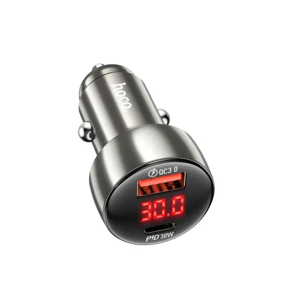 MR4_145079 Автомобільний зарядний пристрій hoco z50 leader 48w dual-port pd30w, qc3.0, car charger with digital display metal, сірий 