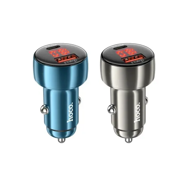 АВТОМОБІЛЬНИЙ ЗАРЯДНИЙ ПРИСТРІЙ HOCO Z50 LEADER 48W DUAL-PORT PD30W, QC3.0, CAR CHARGER WITH DIGITAL DISPLAY METAL, СІРИЙ