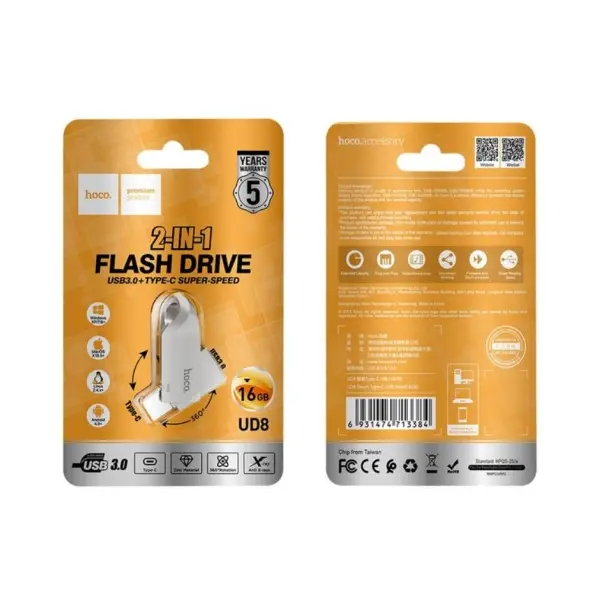 ФЛЕШ-НАКОПИЧУВАЧ USB-A, C HOCO UD8 SMART TYPE-C USB DRIVE 16GB, СІРИЙ