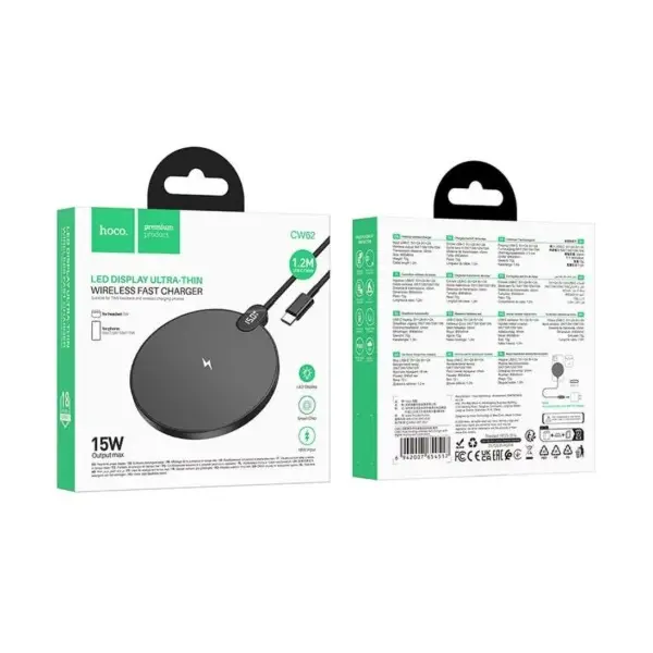 БЕЗДРОТОВИЙ ЗАРЯДНИЙ ПРИСТРІЙ HOCO CW62 PEAK DESKTOP WITH DIGITAL DISPLAY AND CABLE, ЧОРНИЙ