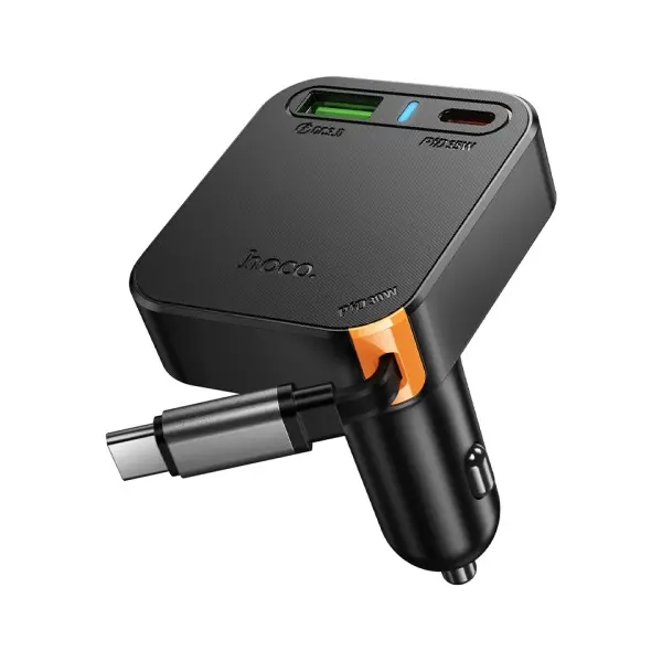АВТОМОБІЛЬНИЙ ЗАРЯДНИЙ ПРИСТРІЙ HOCO NZ18 GUARDIAN PD65W (2C1A) CAR CHARGER WITH RETRACTABLE CABLE, ЧОРНИЙ