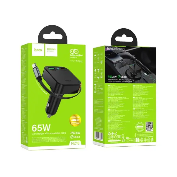 АВТОМОБІЛЬНИЙ ЗАРЯДНИЙ ПРИСТРІЙ HOCO NZ18 GUARDIAN PD65W (2C1A) CAR CHARGER WITH RETRACTABLE CABLE, ЧОРНИЙ