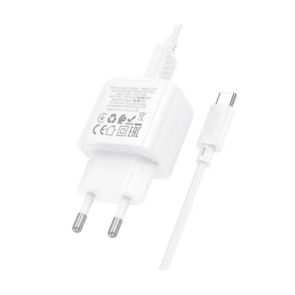 МЕРЕЖЕВИЙ ЗАРЯДНИЙ ПРИСТРІЙ HOCO CS52A SURPLUS SINGLE-PORT QC3.0 CHARGER SET (TYPE-C), БІЛИЙ