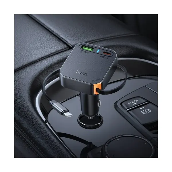 MR4_145621 Автомобільний зарядний пристрій hoco nz18 guardian pd65w (2c1a) car charger with retractable cable, чорний 