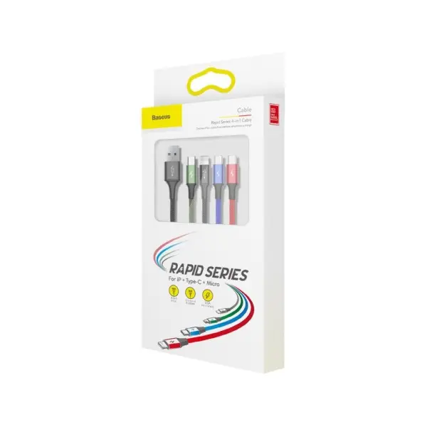 КАБЕЛЬ BASEUS FAST 4IN1 CABLE ДЛЯ LIGHTNING+TYPE-C (2)+MICRO 3.5A 1.2M, ЧОРНИЙ CA1T4-B01