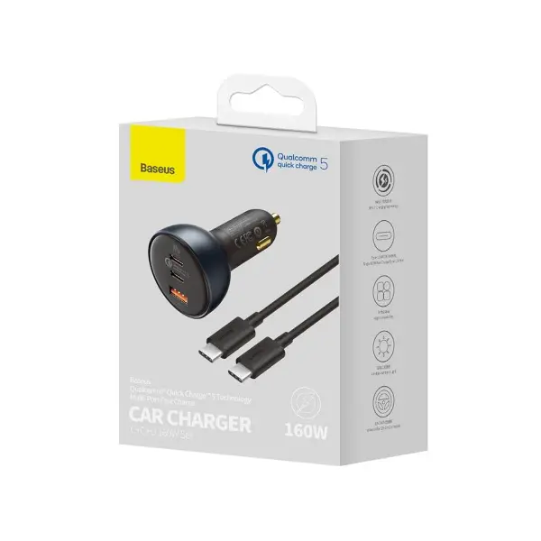 АВТОМОБІЛЬНИЙ ЗАРЯДНИЙ ПРИСТРІЙ BASEUS QUALCOMM QUICK CHARGE 5 TECHNOLOGY TYPE-C TO TYPE-C+U 160W + CABLE SET, СІРИЙ TZCCZM-0G