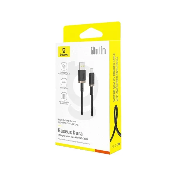КАБЕЛЬ BASEUS DURA SERIES USB-A TO TYPE-C 60W 1M, ЧОРНИЙ-ЗОЛОТИСТИЙ P10377802U01-00